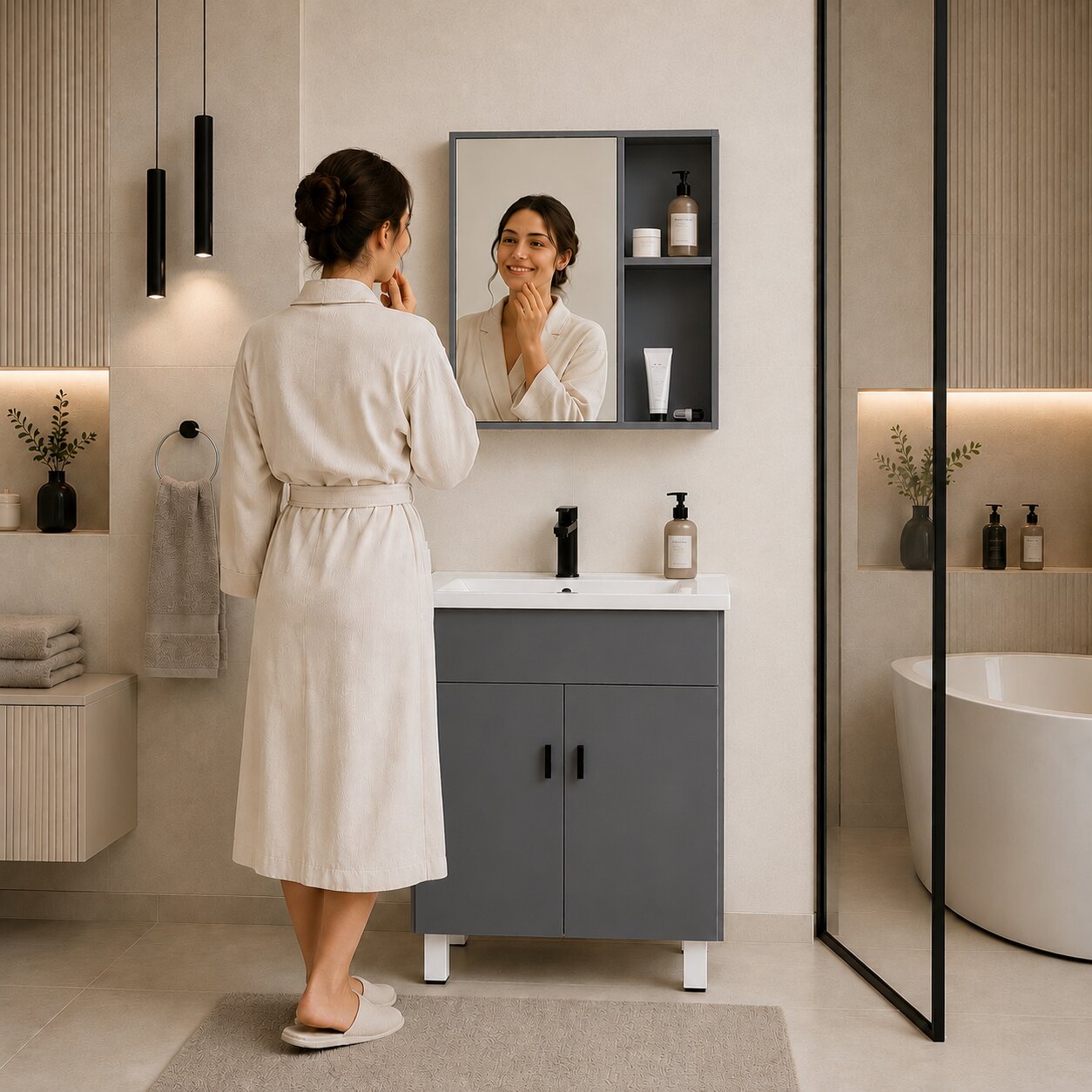 Szafka łazienkowa stojąca z umywalką + lustro zestaw mebli ModernHome - obrazek 2
