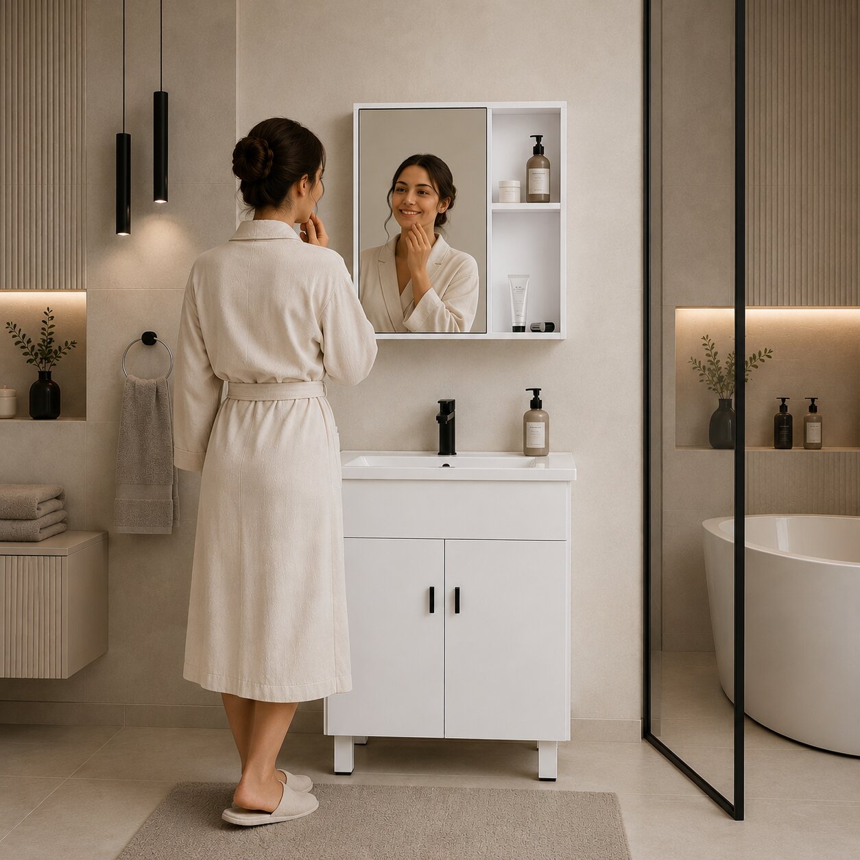 Szafka łazienkowa stojąca z umywalką + lustro zestaw mebli ModernHome - obrazek 2