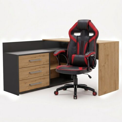 Zestaw BIURKO DANY Narożne ANTRACYT / DĄB ARTISAN + Fotel DRIFT CZERWONY