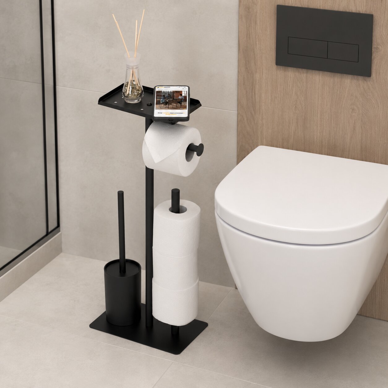 Stojak łazienkowy na papier toaletowy uchwyt szczotka do WC półka czarny ModernHome - obrazek 2