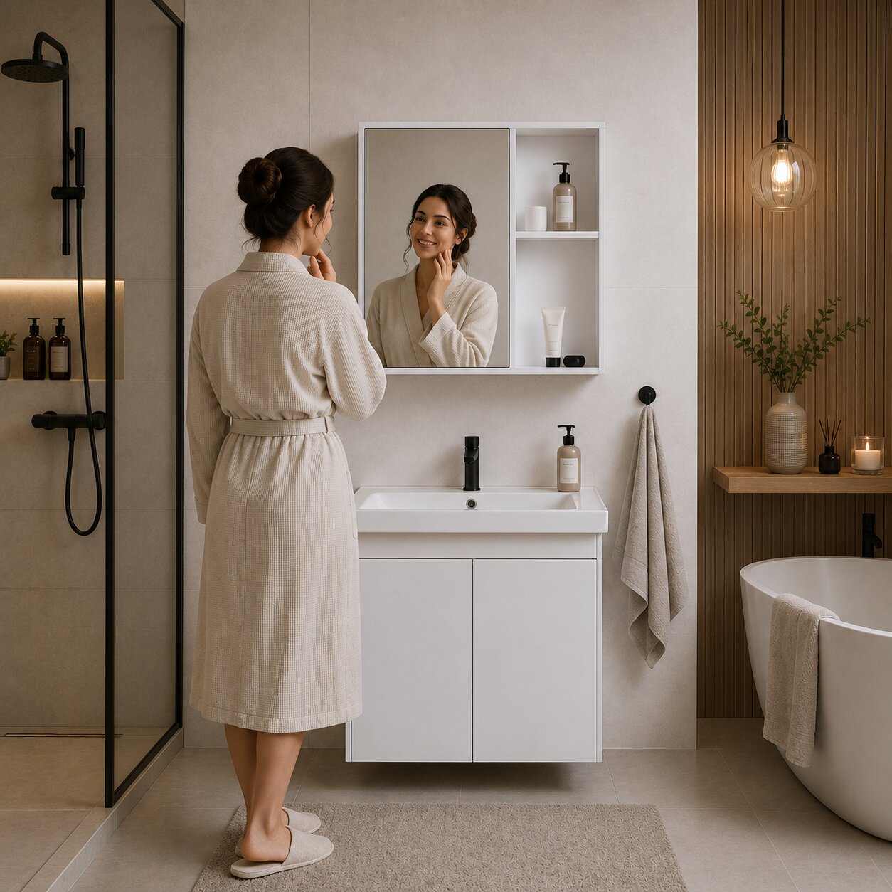 Szafka łazienkowa wisząca z umywalką + lustro zestaw mebli ModernHome - obrazek 2