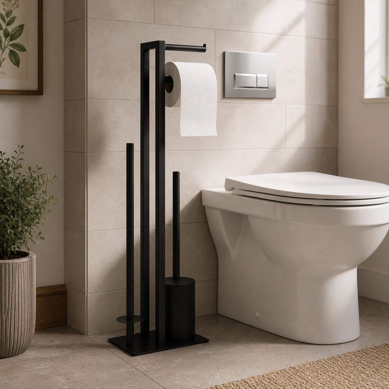 Stojak łazienkowy na papier toaletowy z uchwytem i szczotką do WC czarny ModernHome - obrazek 2