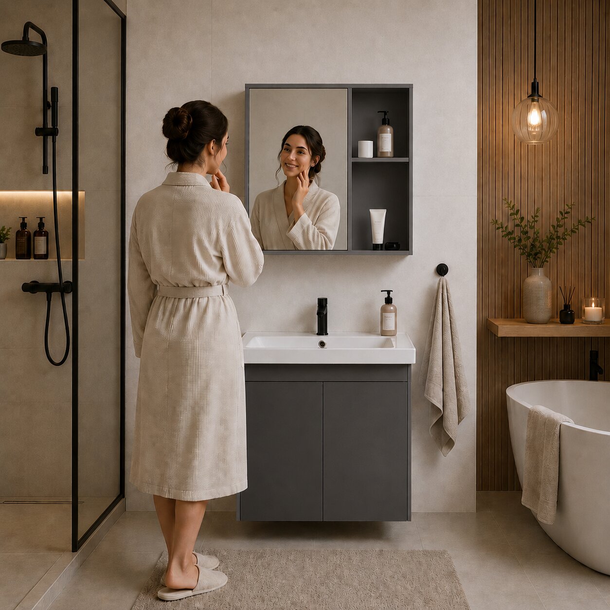 Szafka łazienkowa wisząca z umywalką + lustro zestaw mebli ModernHome - obrazek 2