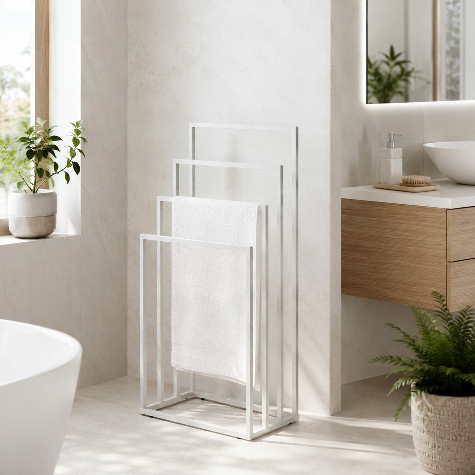 Stojak na ręczniki wieszak wolnostojący metalowy 4 ramiona biały ModernHome - obrazek 3