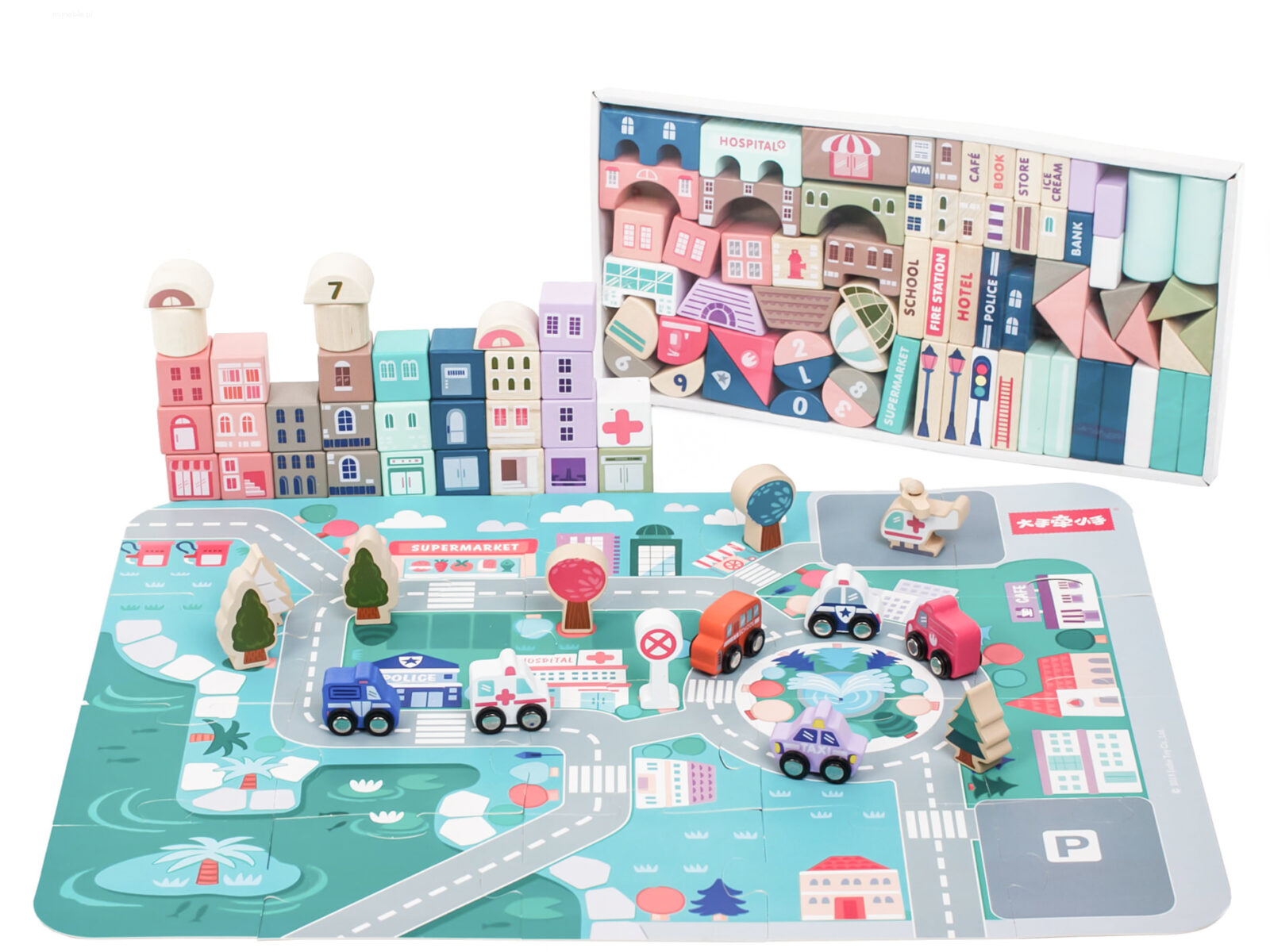 Drewniane Klocki Edukacyjne z Matą Miasto - obrazek 3