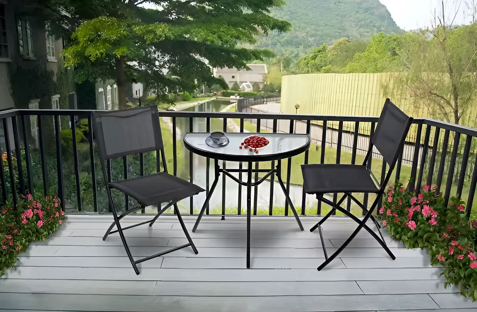 Stolik półokrągły szklany kawowy na balkon taras patio czarny - obrazek 3
