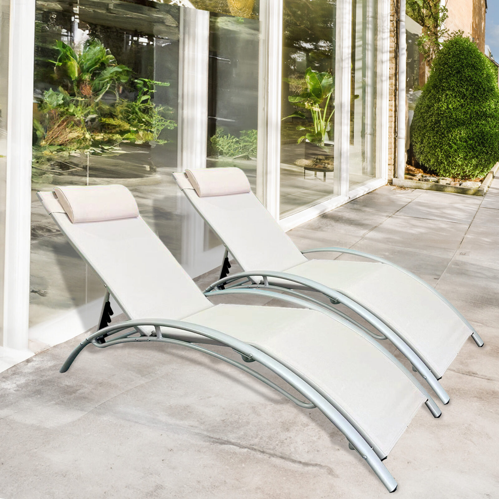 Komplet dwa leżaki leżanki ogrodowe aluminium beż - obrazek 3