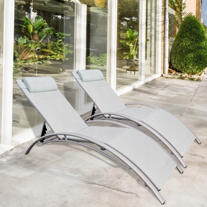 Komplet dwa leżaki leżanki ogrodowe aluminium szary - obrazek 2